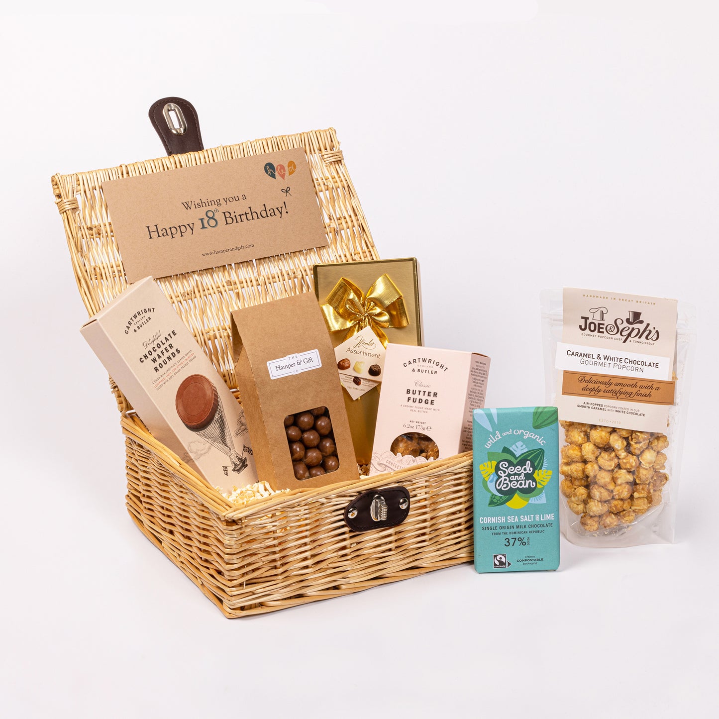 18th Birthday Chocolate & Fudge Hamper filled with a variety of chocolate, fudge, biscuit and gourmet popcorn