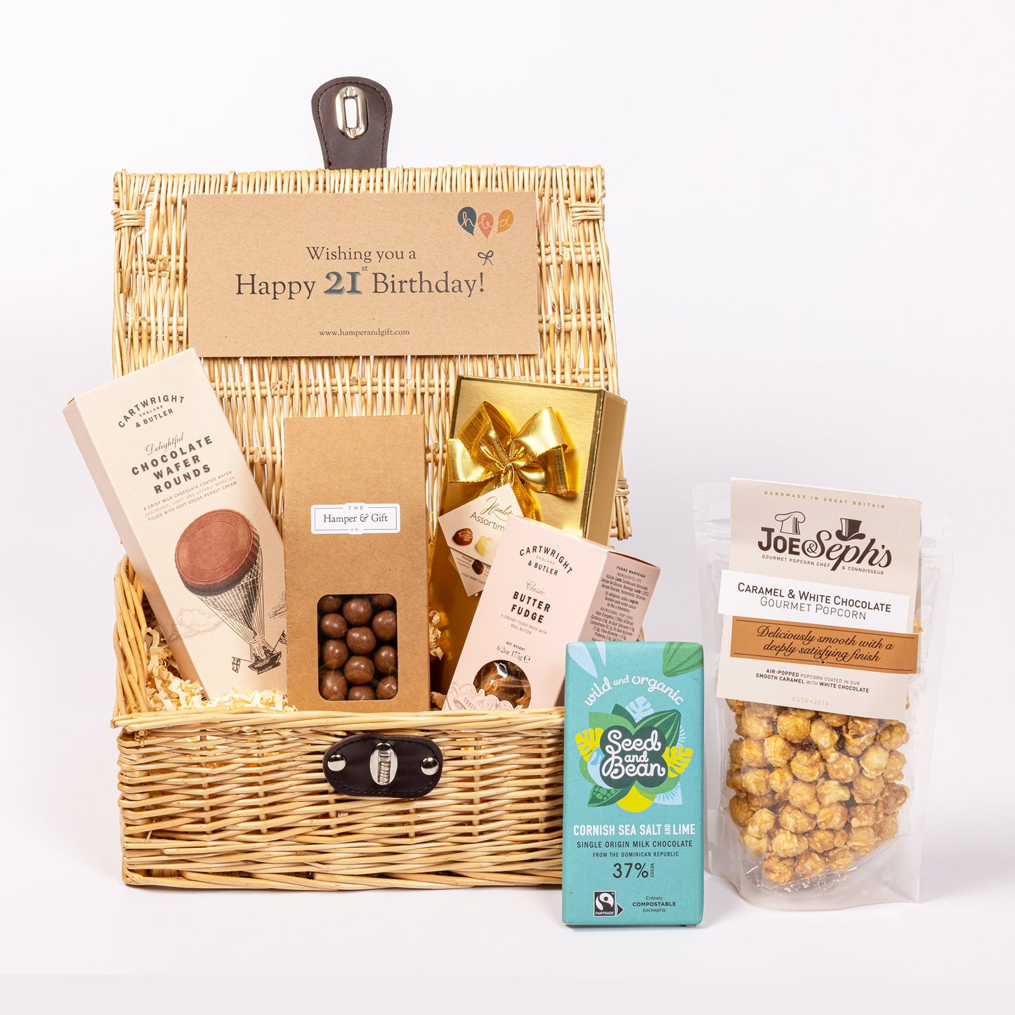 21st Birthday Chocolate & Fudge Hamper filled with a variety of chocolate, fudge, biscuit and gourmet popcorn