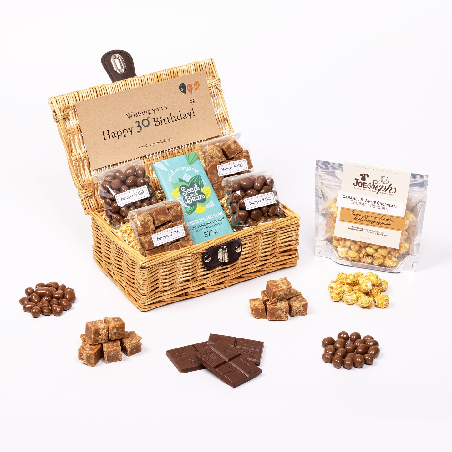 30th Birthday Hamper filled with chocolate, fudge and gourmet popcorn