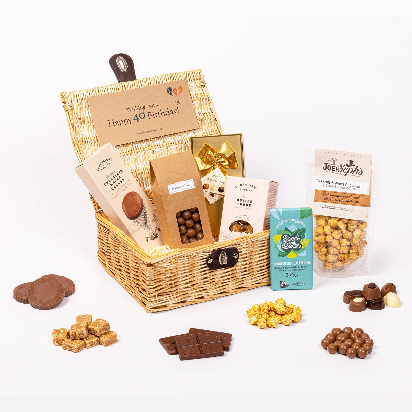 40th Birthday Chocolate & Fudge Hamper filled with a variety of chocolate, fudge, biscuit and gourmet popcorn