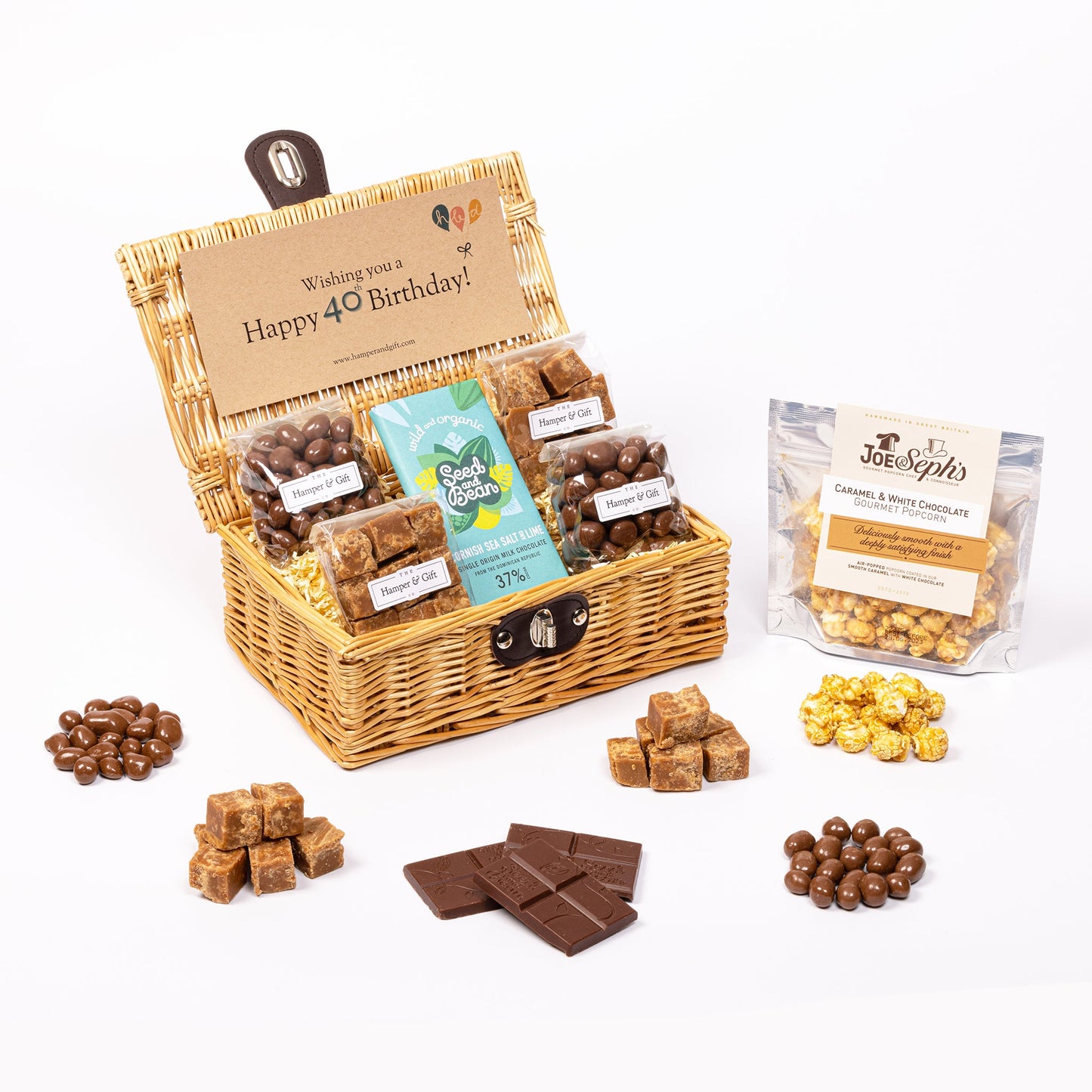 40th Birthday Hamper filled with chocolate, fudge and gourmet popcorn
