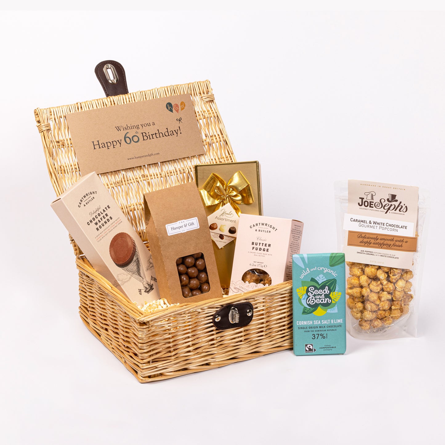 60th Birthday Chocolate & Fudge Hamper filled with a variety of chocolate, fudge, biscuit and gourmet popcorn