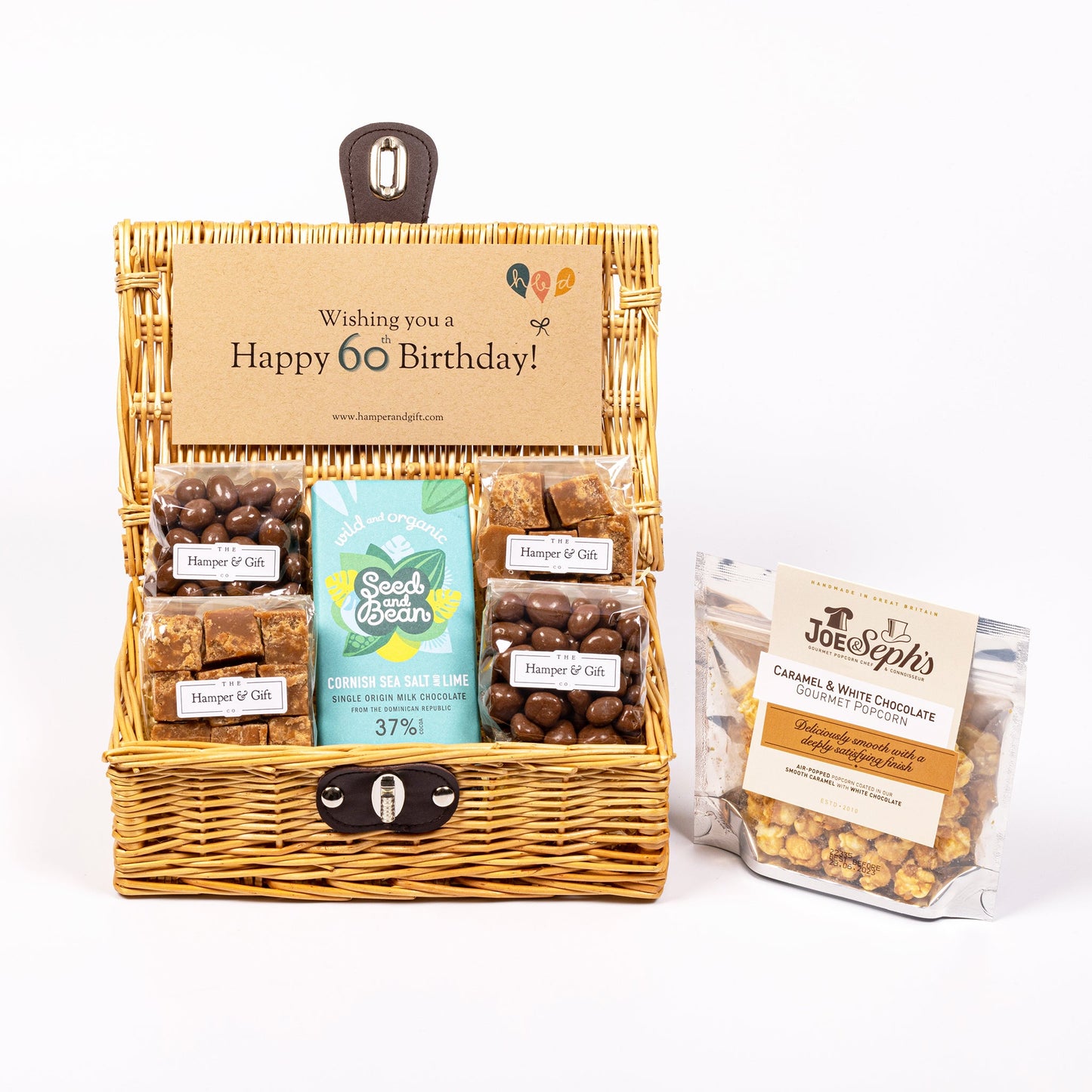 60th Birthday Hamper filled with chocolate, fudge and gourmet popcorn