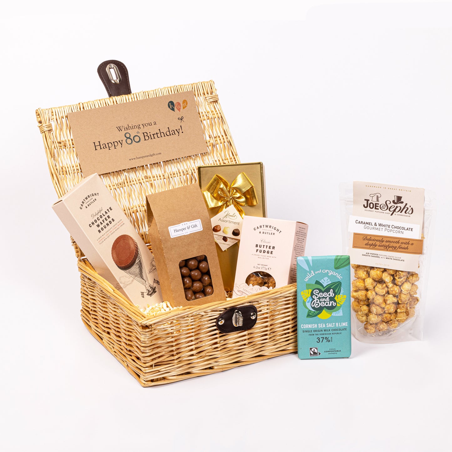 80th Birthday Chocolate & Fudge Hamper filled with a variety of chocolate, fudge, biscuit and gourmet popcorn