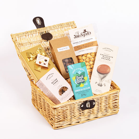 Chocolate & Fudge Hamper filled with a variety of chocolate, fudge, biscuit and gourmet popcorn