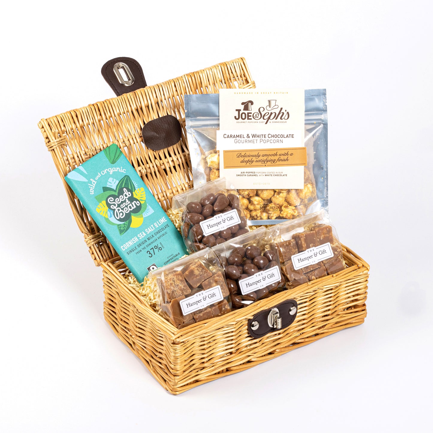 Little Chocolate & Fudge Hamper filled with a variety of chocolate and gourmet popcorn