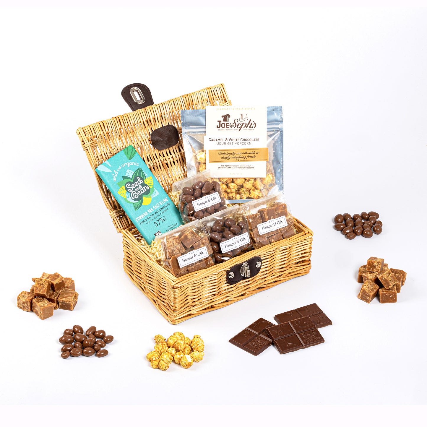 Little Chocolate & Fudge Hamper filled with a variety of chocolate and gourmet popcorn
