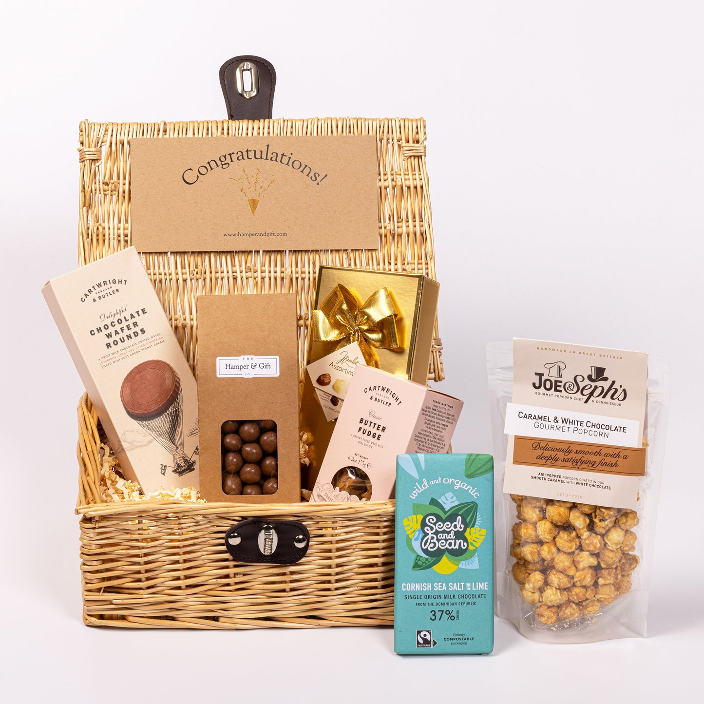 Congratulations Chocolate & Fudge Hamper filled with a variety of chocolate, fudge, biscuit and gourmet popcorn