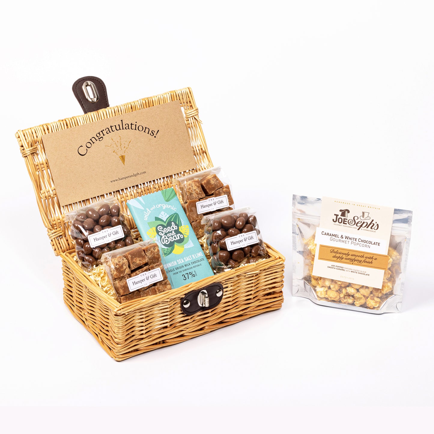 Congratulations Hamper filled with chocolate, fudge and gourmet popcorn