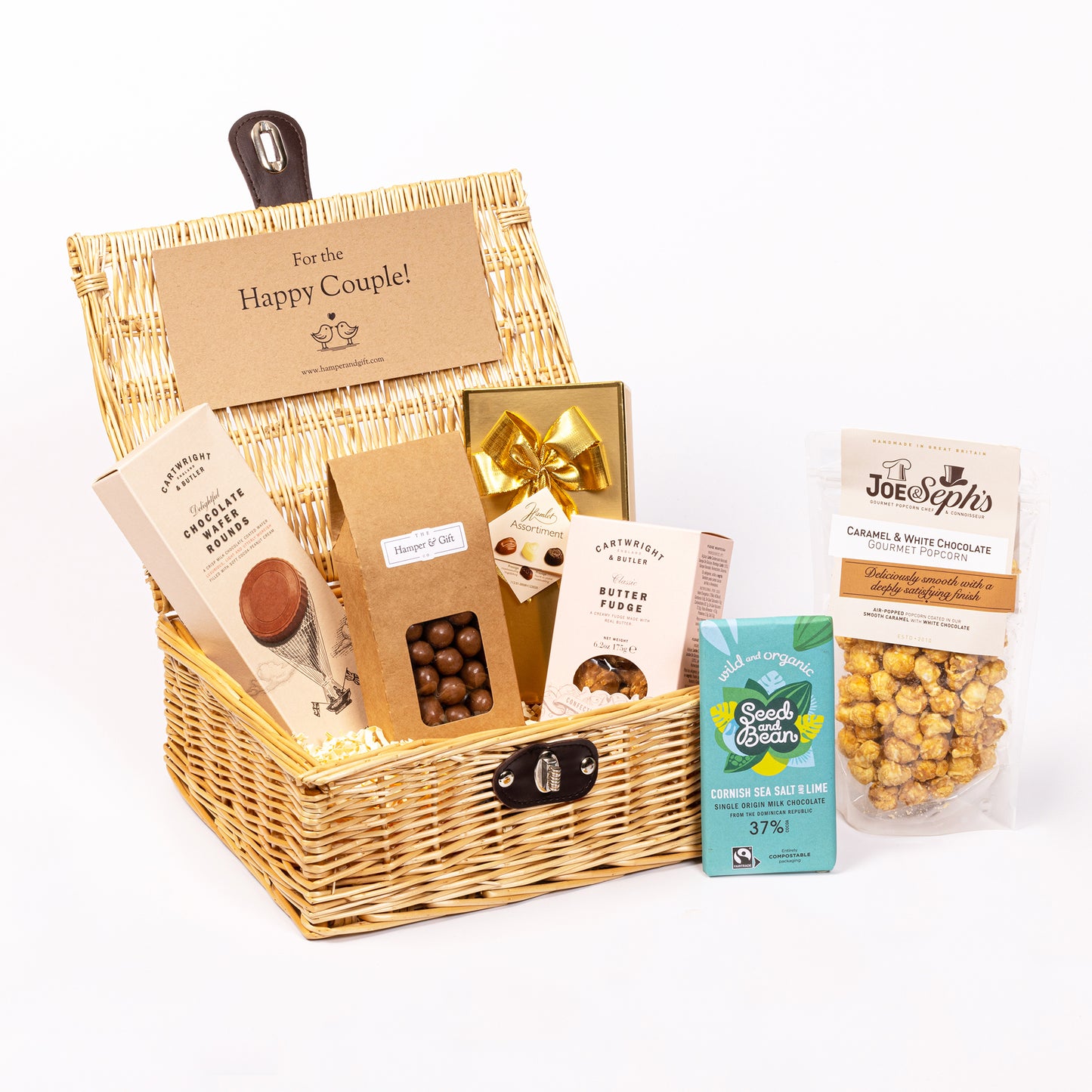 Happy Couple Chocolate & Fudge Hamper filled with a variety of chocolate, fudge, biscuit and gourmet popcorn