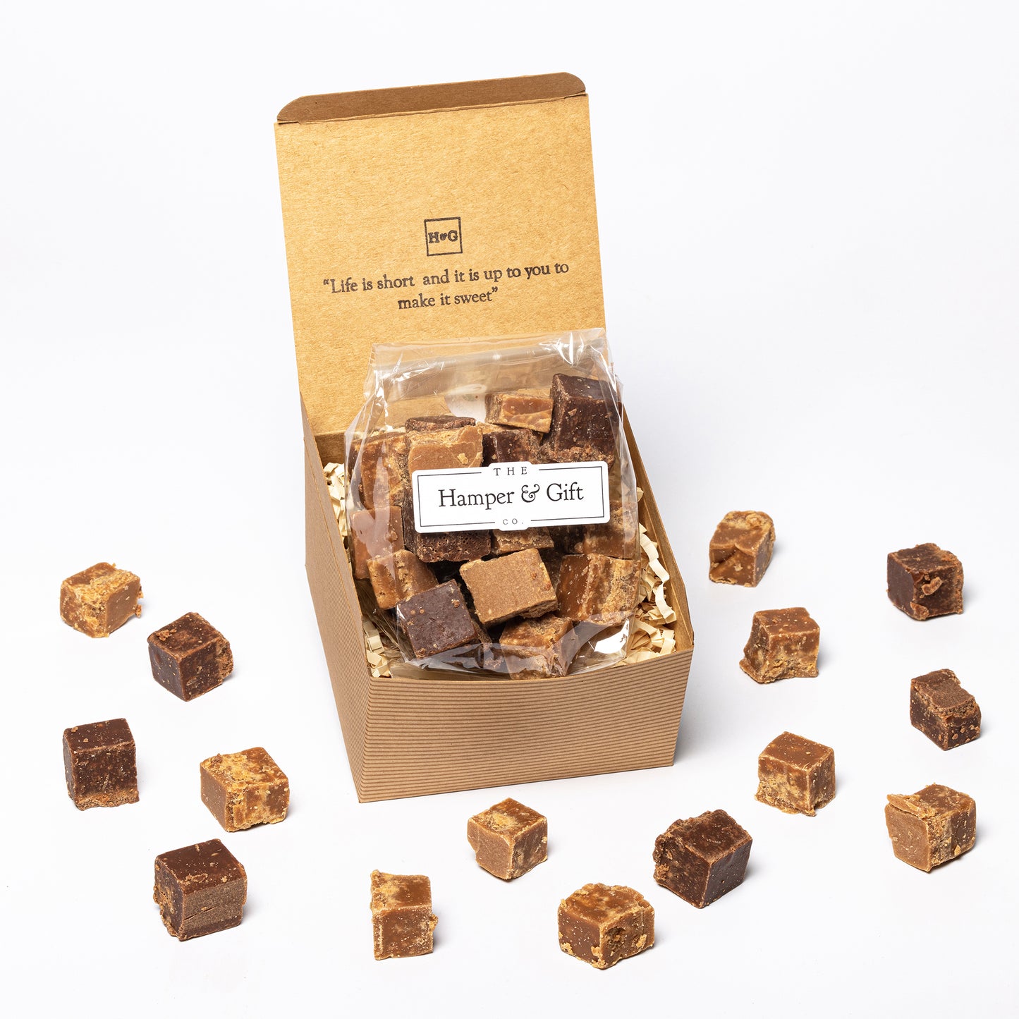 Vanilla Fudge, Clotted Cream Fudge, Chocolate Fudge inside a recyled kraft gift box