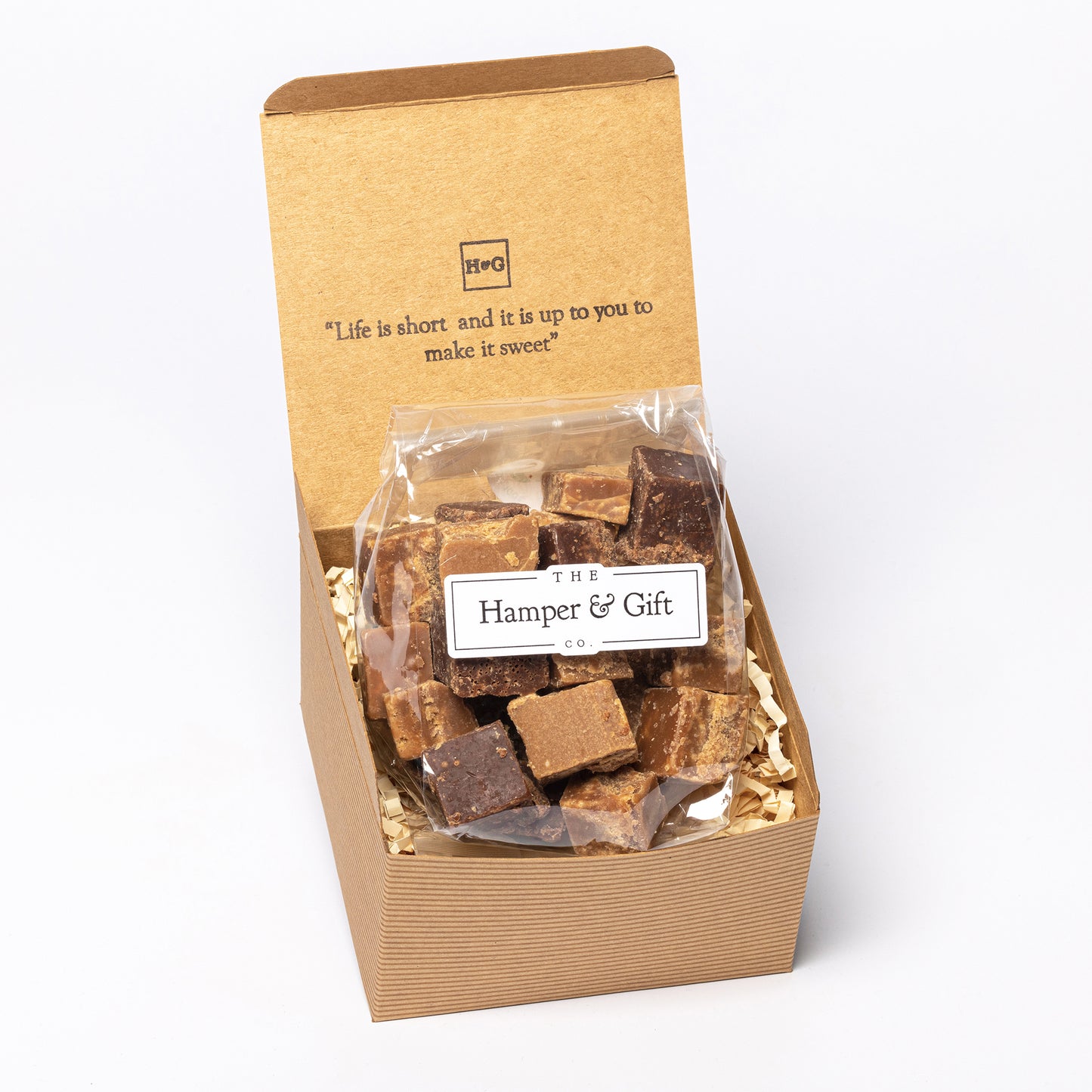 Vanilla Fudge, Clotted Cream Fudge, Chocolate Fudge inside a recyled kraft gift box