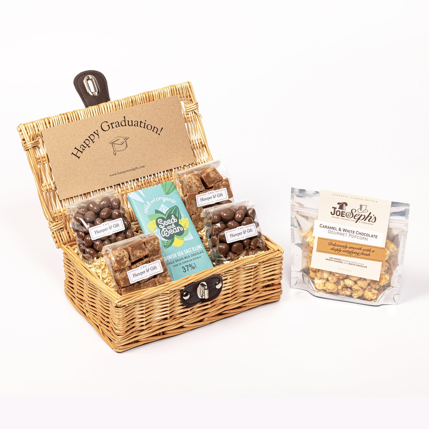 Little Graduation Hamper filled with chocolate, fudge and gourmet popcorn