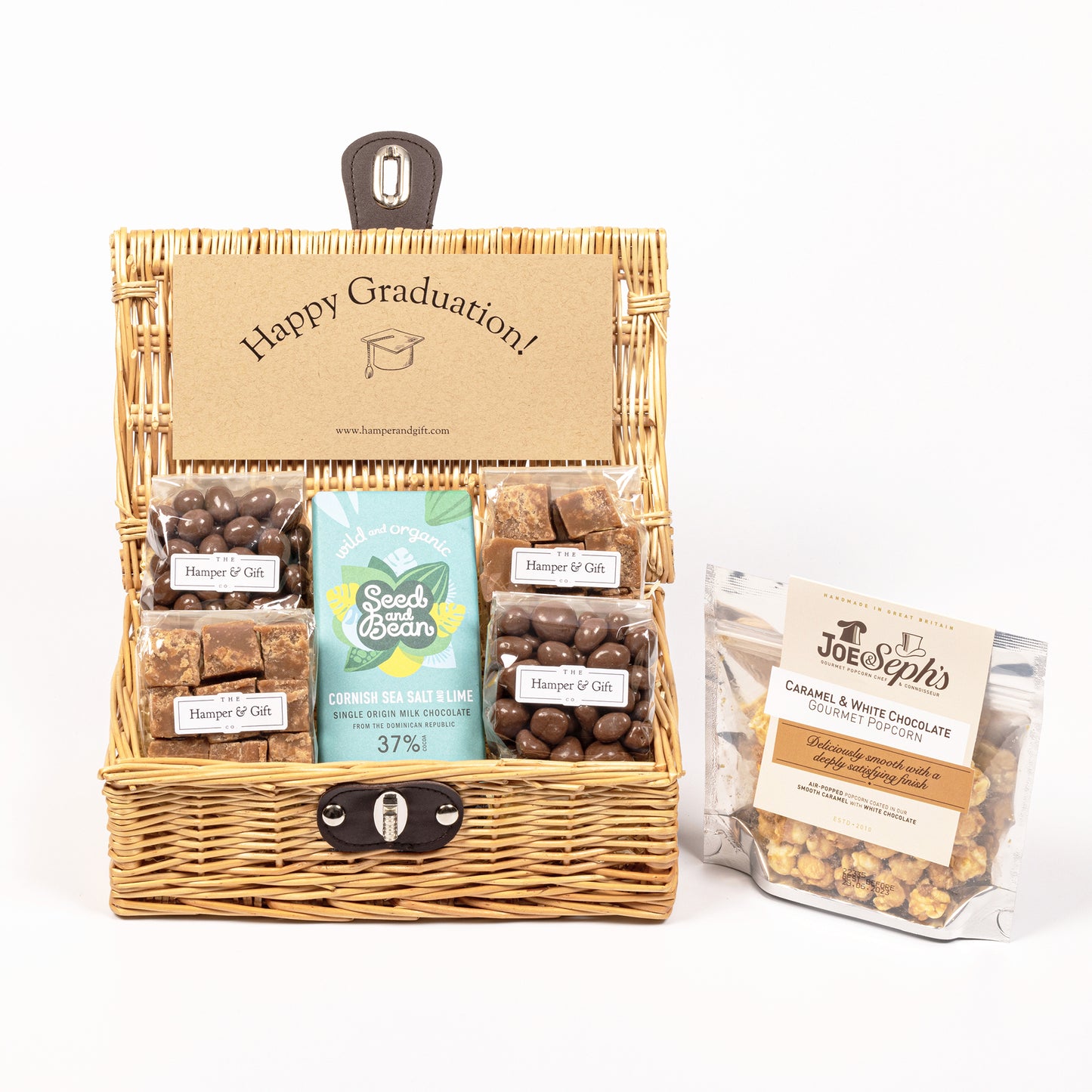 Little Graduation Hamper filled with chocolate, fudge and gourmet popcorn