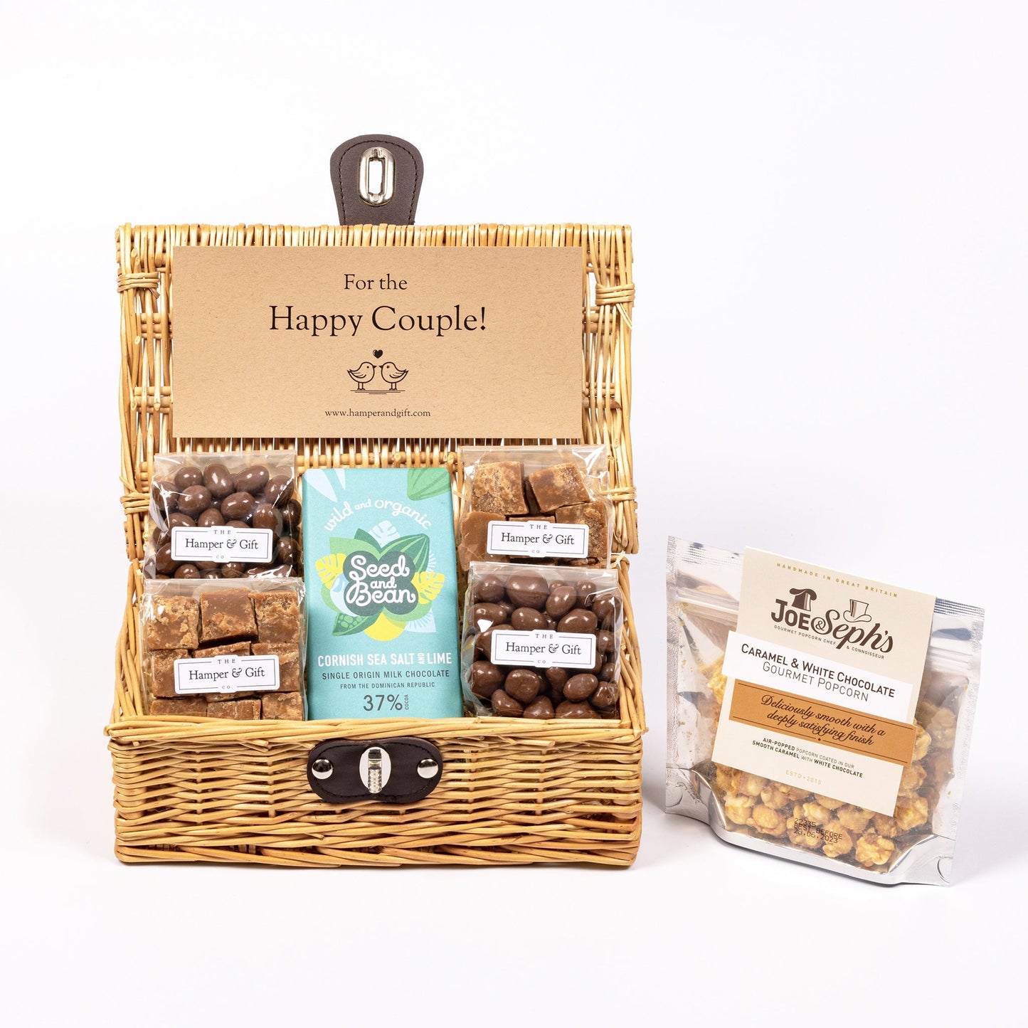 Little Happy Couple Hamper filled with chocolate, fudge and gourmet popcorn