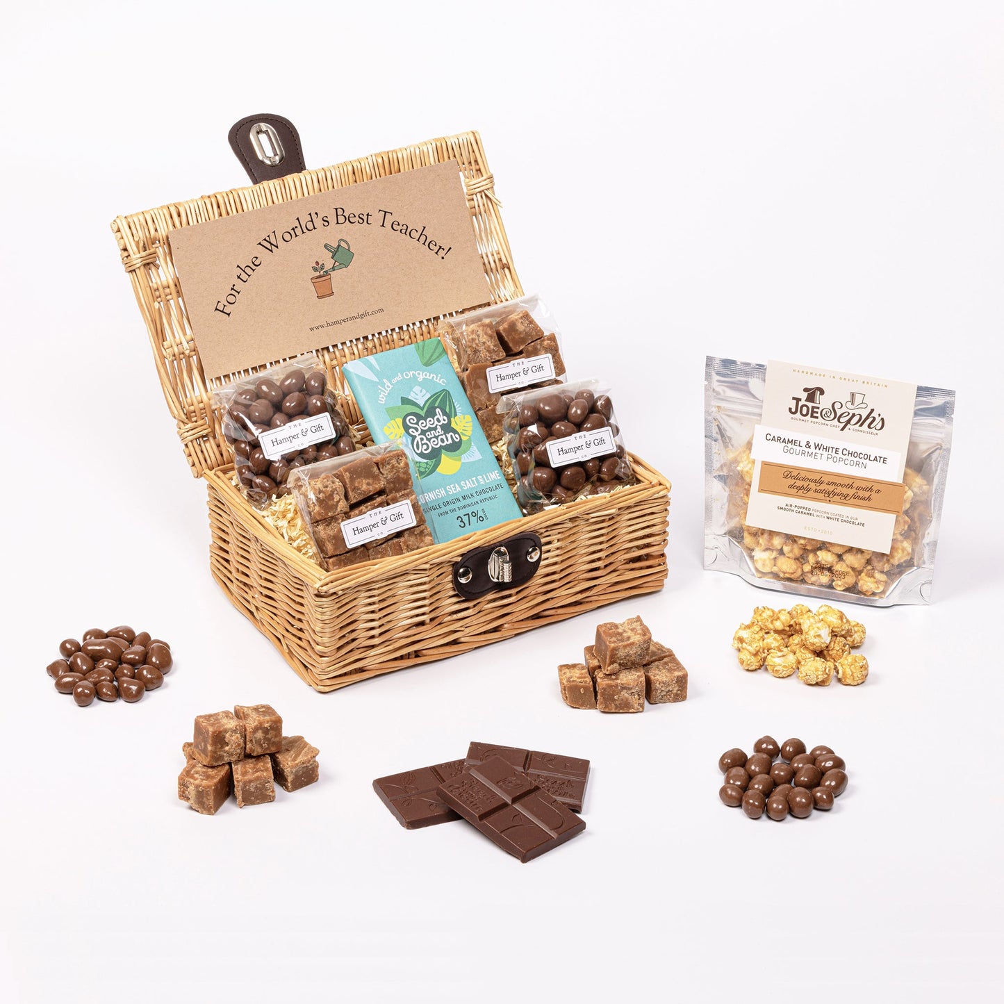 Worlds Best Teacher Hamper filled with chocolate, fudge and gourmet popcorn