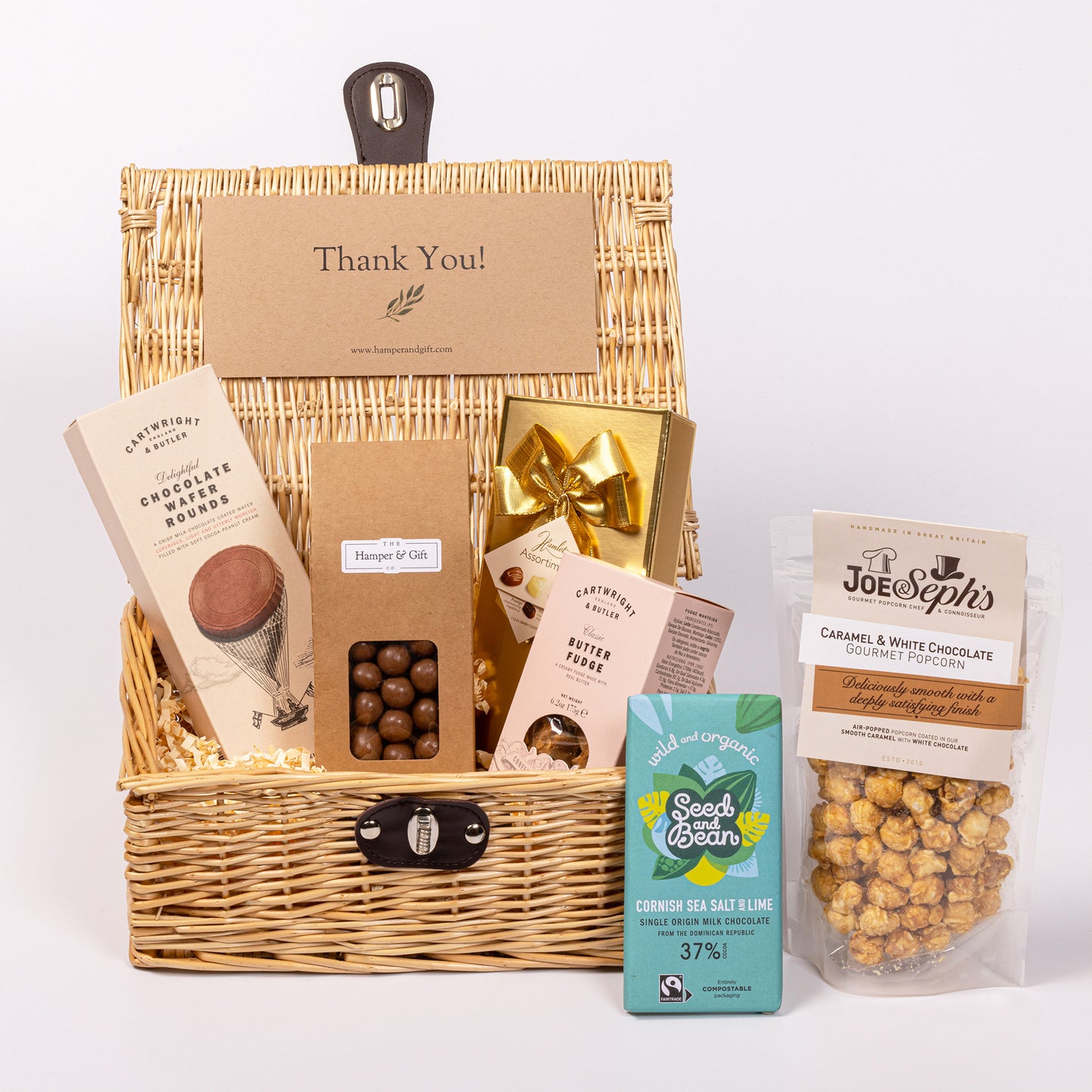 Thank You Chocolate & Fudge Hamper filled with a variety of chocolate, fudge, biscuit and gourmet popcorn