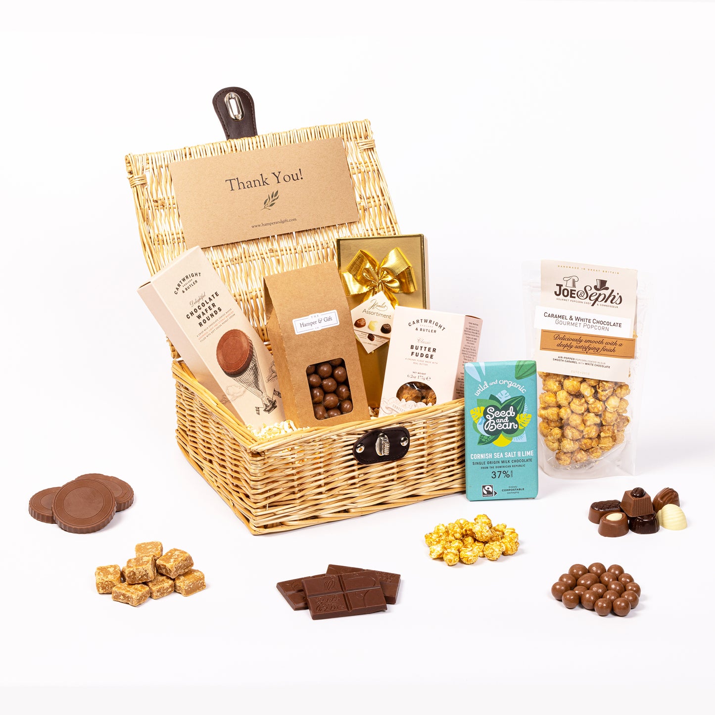 Thank You Chocolate & Fudge Hamper filled with a variety of chocolate, fudge, biscuit and gourmet popcorn