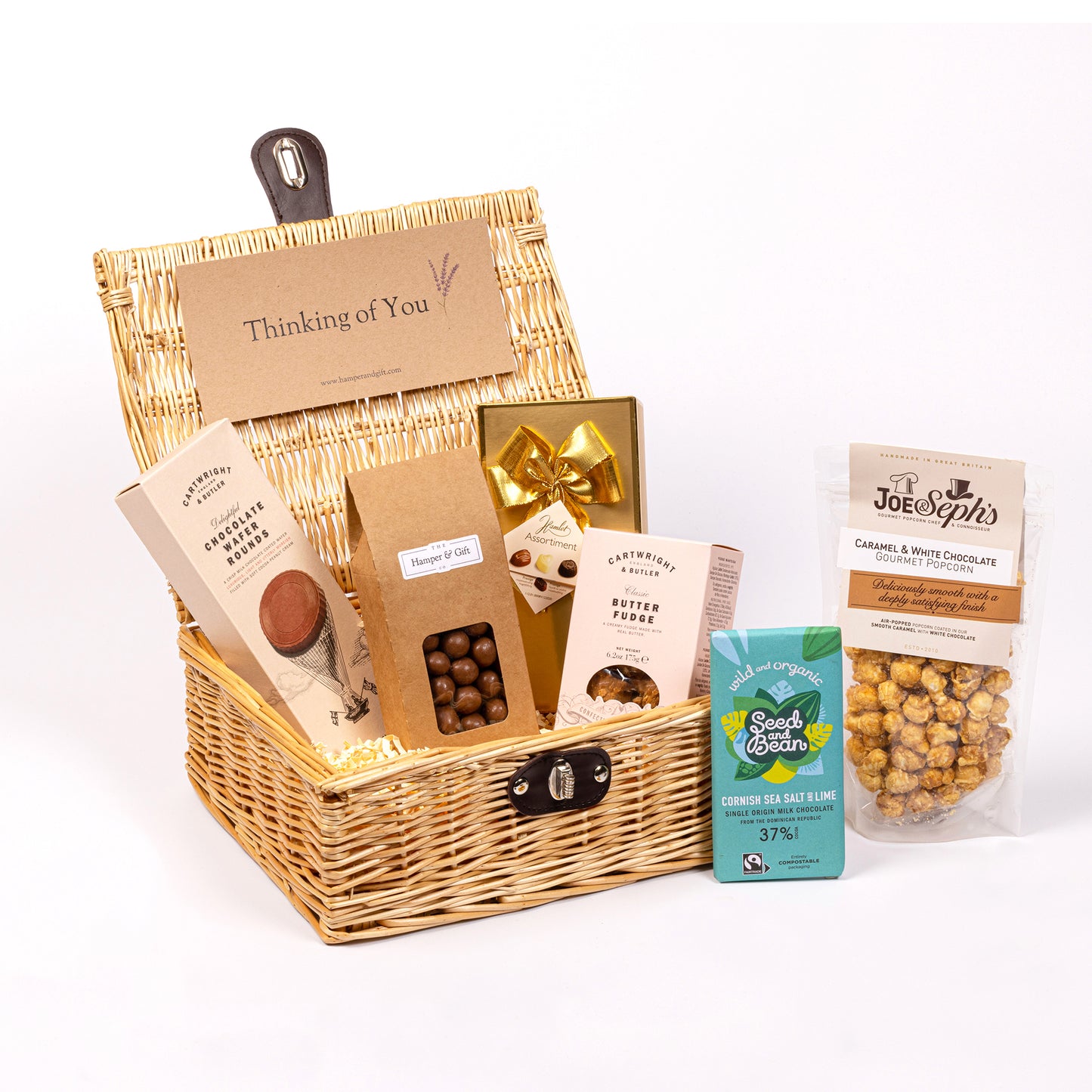 Thinking of You Chocolate & Fudge Hamper filled with a variety of chocolate, fudge, biscuit and gourmet popcorn