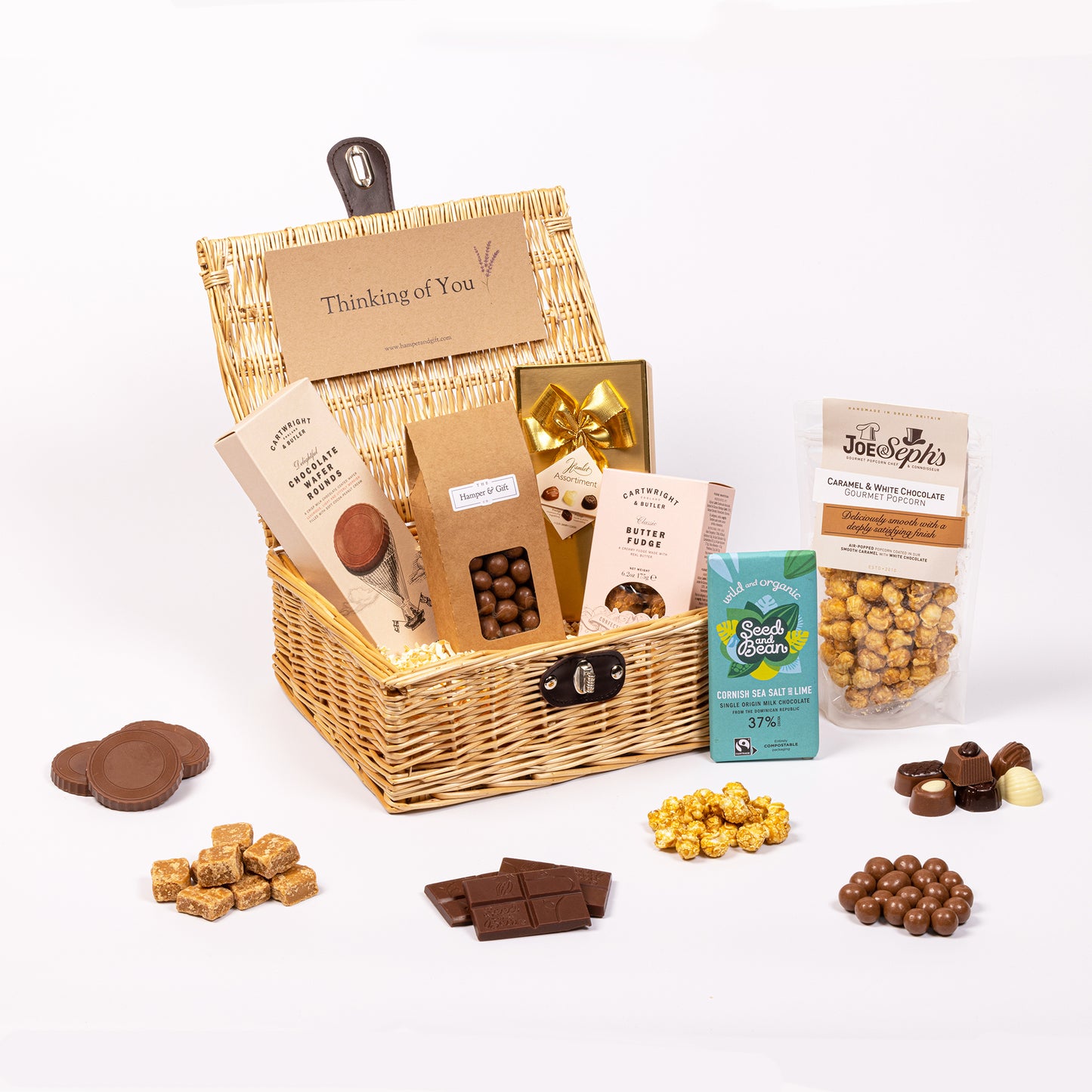 Thinking of You Chocolate & Fudge Hamper filled with a variety of chocolate, fudge, biscuit and gourmet popcorn