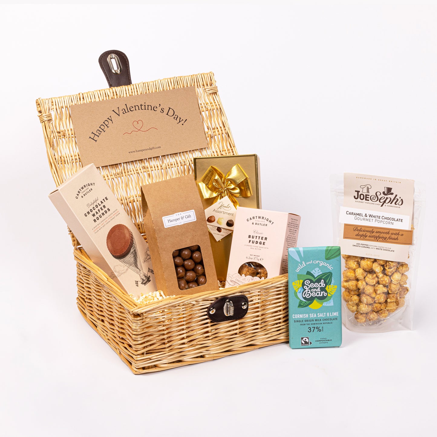 Valentines Day Chocolate & Fudge Hamper filled with a variety of chocolate, fudge, biscuit and gourmet popcorn