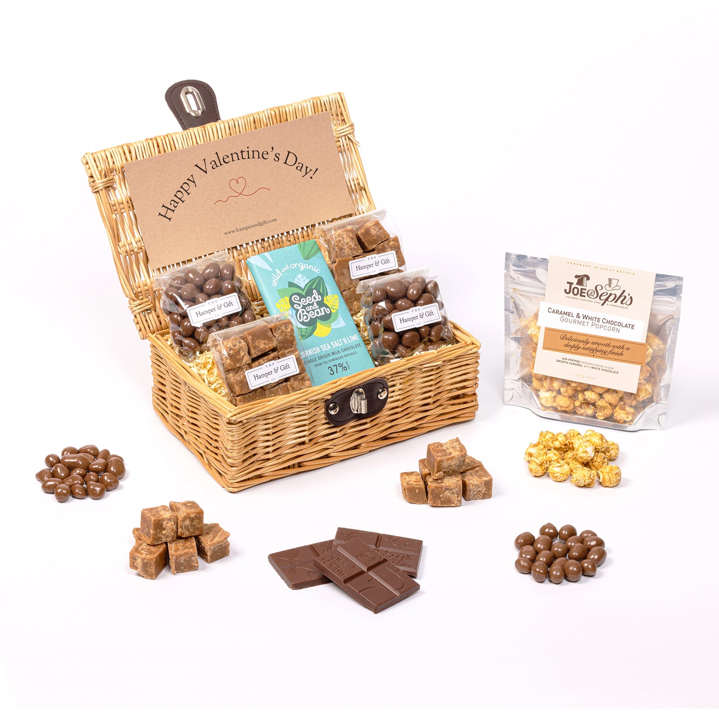 Valentines Day Hamper filled with chocolate, fudge and gourmet popcorn