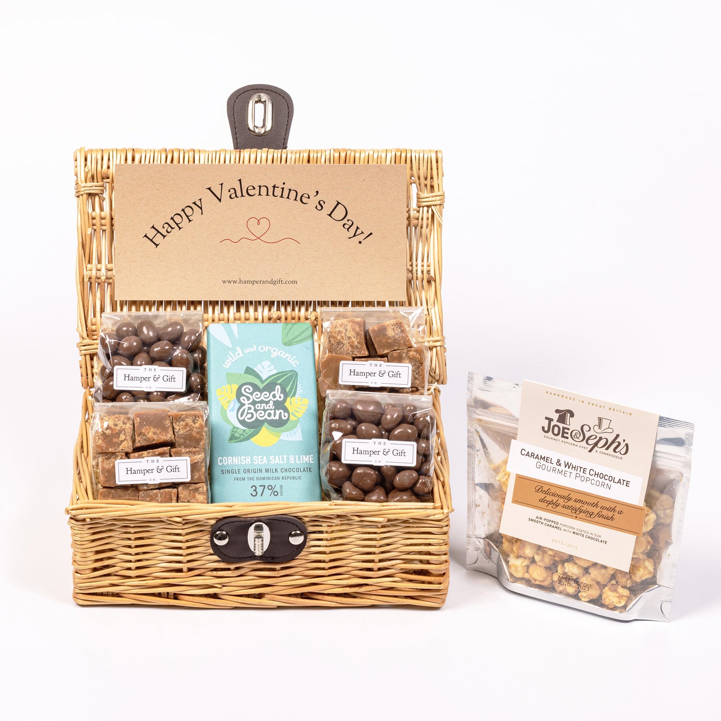 Valentines Day Hamper filled with chocolate, fudge and gourmet popcorn