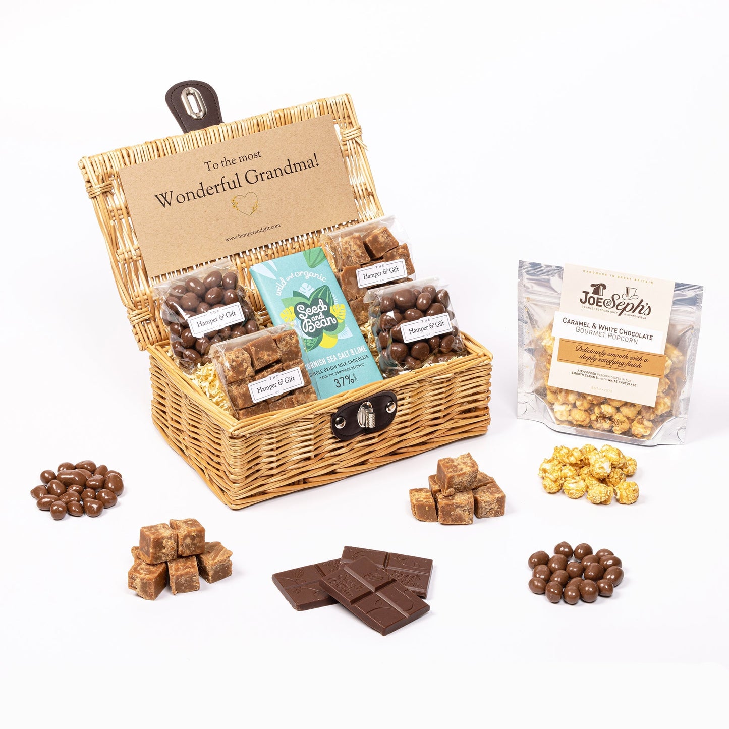 Wonderful Grandma Hamper filled with chocolate, fudge and gourmet popcorn
