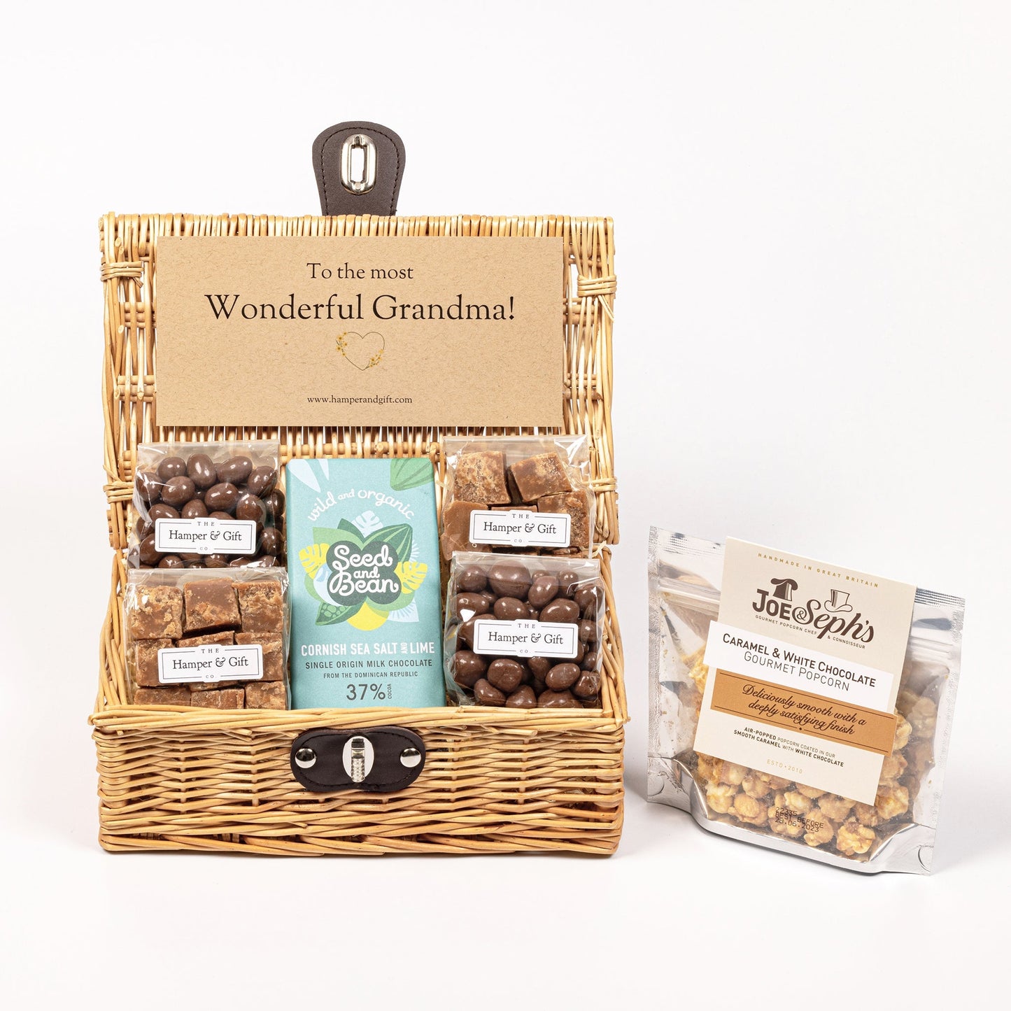 Wonderful Grandma Hamper filled with chocolate, fudge and gourmet popcorn