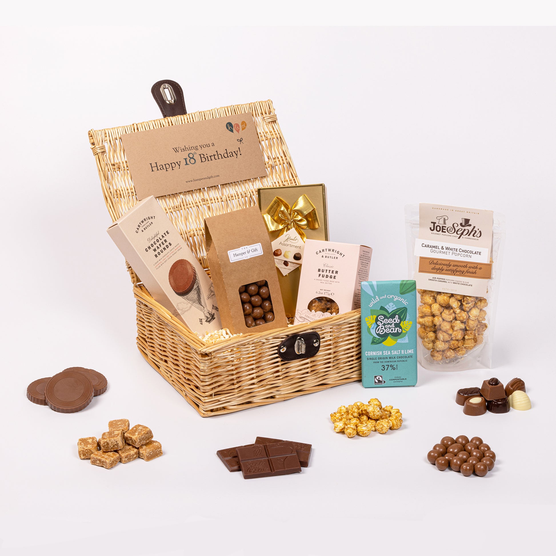 18th Birthday Chocolate & Fudge Hamper filled with a variety of chocolate, fudge, biscuit and gourmet popcorn
