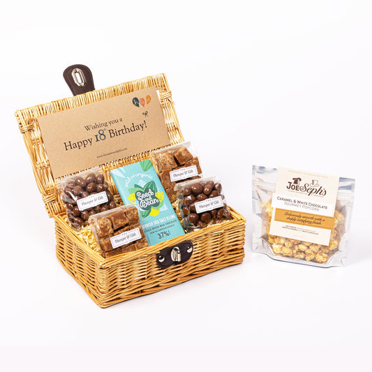 18th Birthday Hamper filled with chocolate, fudge and gourmet popcorn