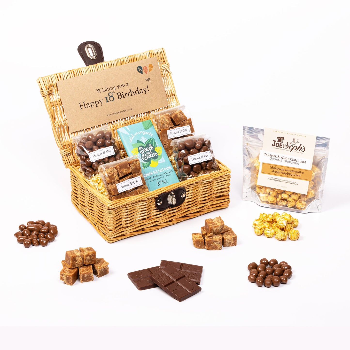 18th Birthday Hamper filled with chocolate, fudge and gourmet popcorn