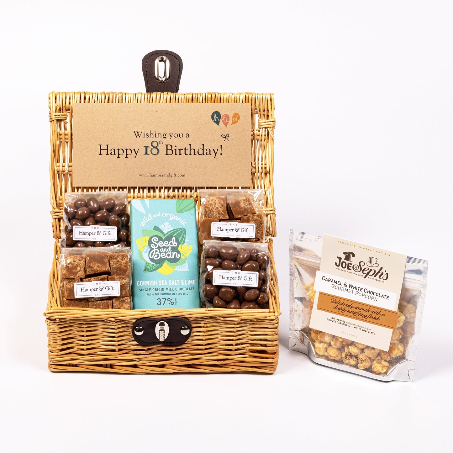 18th Birthday Hamper filled with chocolate, fudge and gourmet popcorn