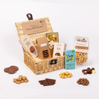 21st Birthday Chocolate & Fudge Hamper filled with a variety of chocolate, fudge, biscuit and gourmet popcorn
