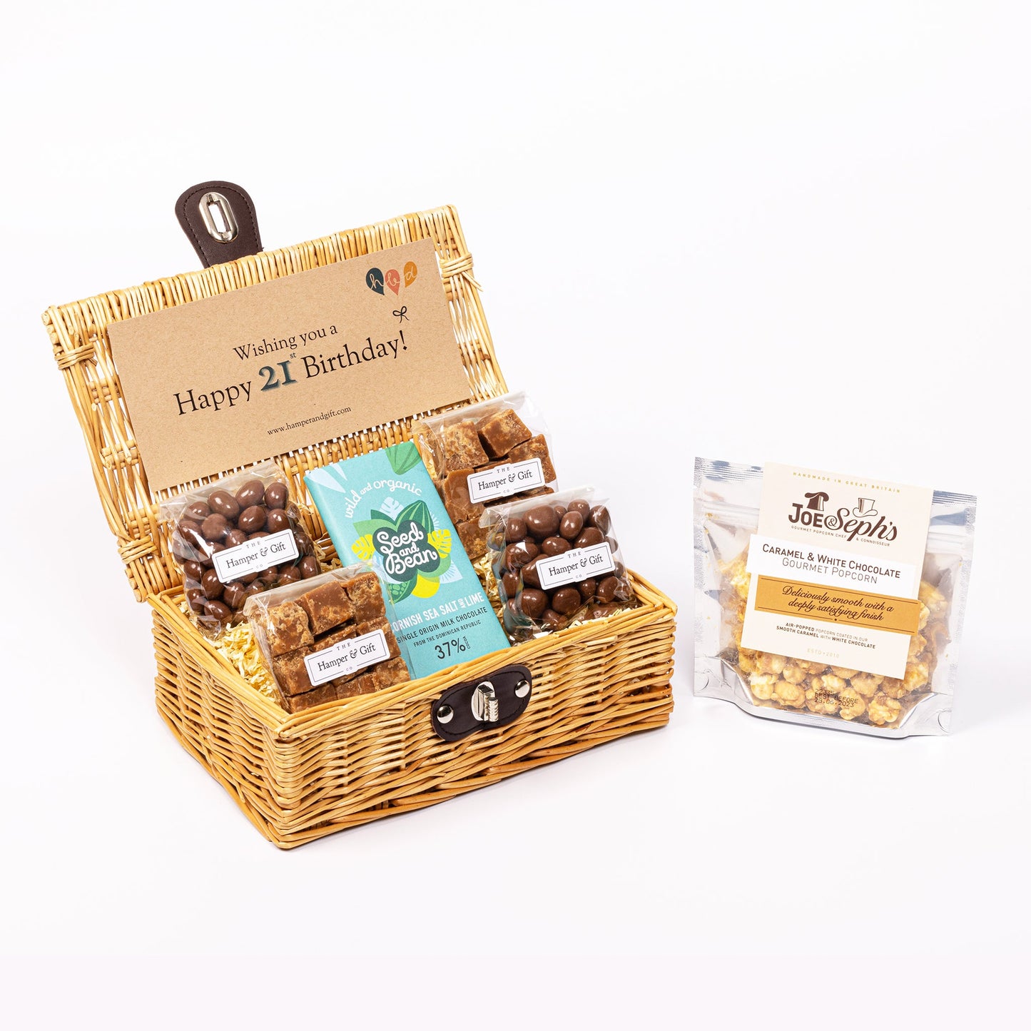 21st Birthday Hamper filled with chocolate, fudge and gourmet popcorn