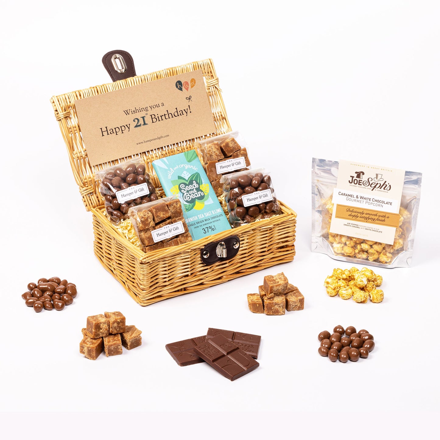 21st Birthday Hamper filled with chocolate, fudge and gourmet popcorn