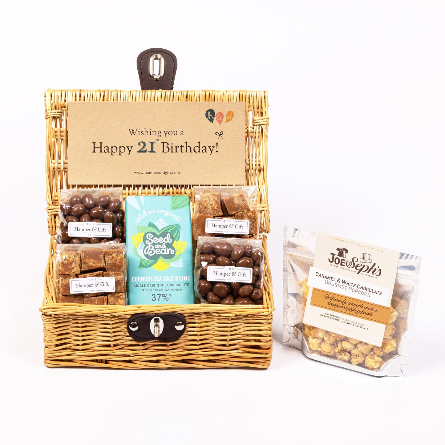 21st Birthday Hamper filled with chocolate, fudge and gourmet popcorn
