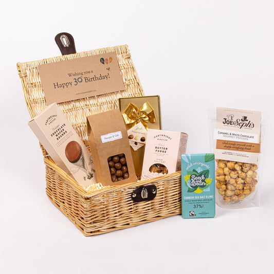 30th Birthday Chocolate & Fudge Hamper filled with a variety of chocolate, fudge, biscuit and gourmet popcorn