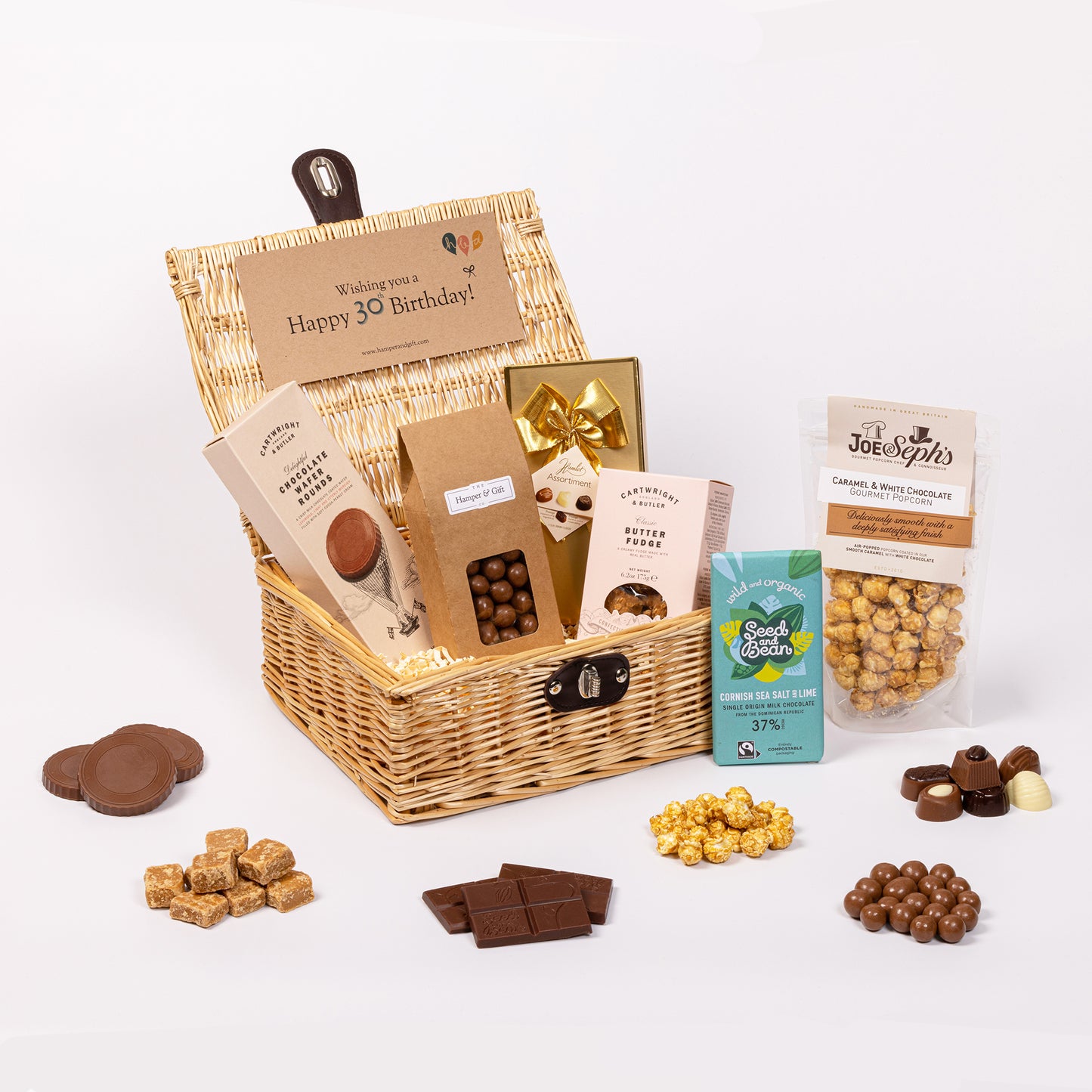 30th Birthday Chocolate & Fudge Hamper filled with a variety of chocolate, fudge, biscuit and gourmet popcorn