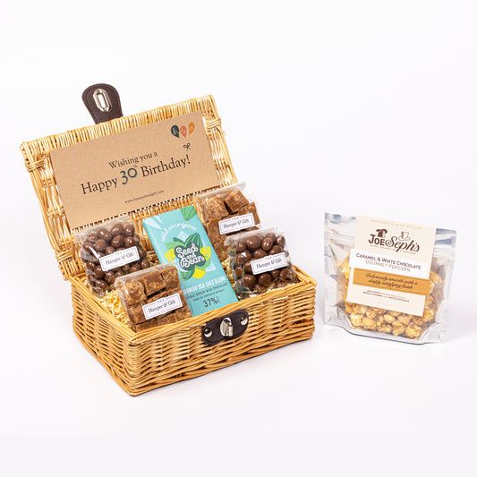 30th Birthday Hamper filled with chocolate, fudge and gourmet popcorn