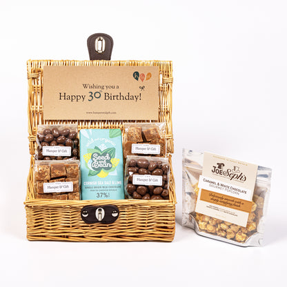 30th Birthday Hamper filled with chocolate, fudge and gourmet popcorn