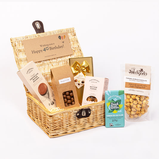 40th Birthday Chocolate & Fudge Hamper filled with a variety of chocolate, fudge, biscuit and gourmet popcorn