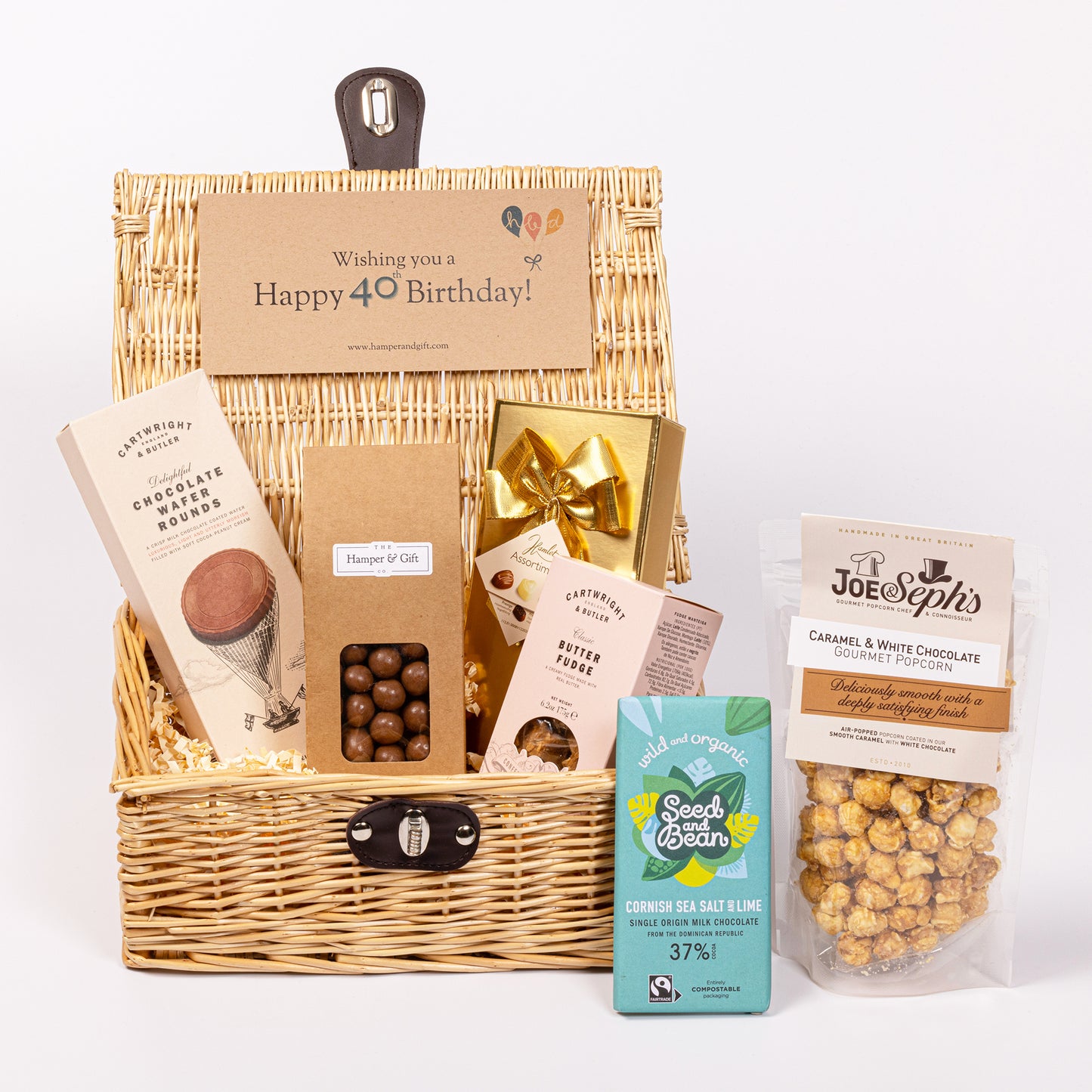 40th Birthday Chocolate & Fudge Hamper filled with a variety of chocolate, fudge, biscuit and gourmet popcorn