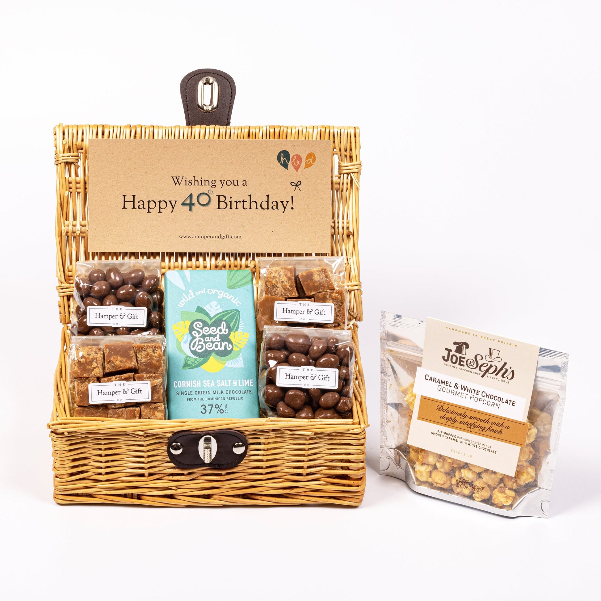 40th Birthday Hamper filled with chocolate, fudge and gourmet popcorn