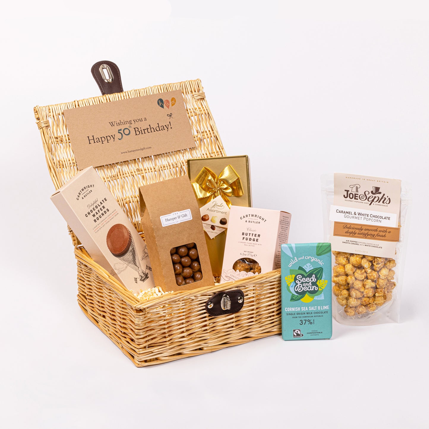 50th Birthday Chocolate & Fudge Hamper filled with a variety of chocolate, fudge, biscuit and gourmet popcorn