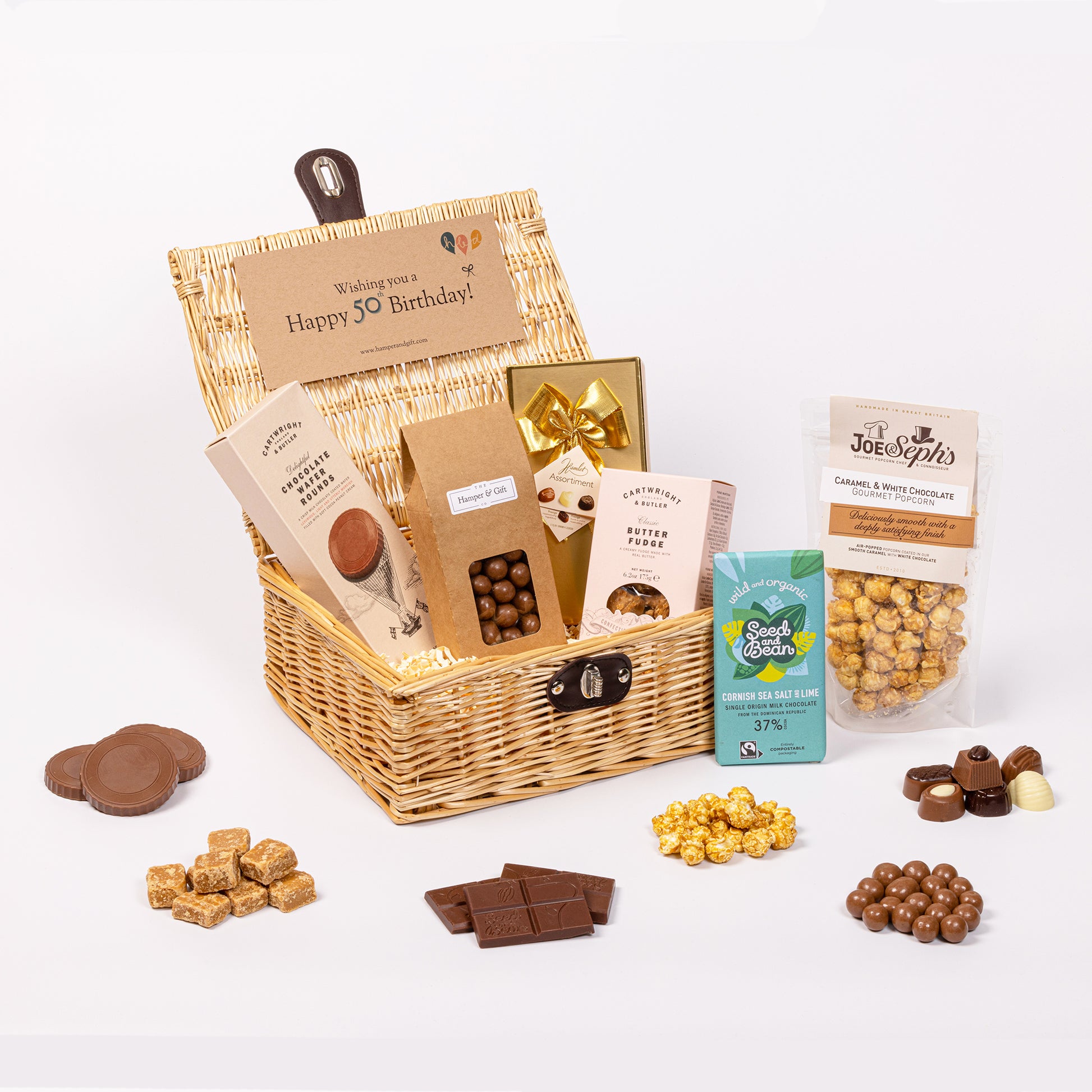 50th Birthday Chocolate & Fudge Hamper filled with a variety of chocolate, fudge, biscuit and gourmet popcorn