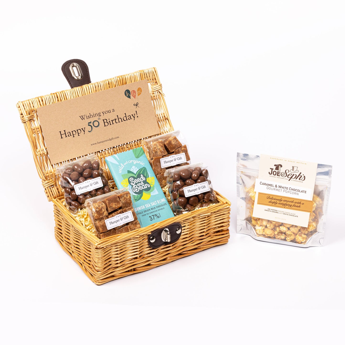 50th Birthday Hamper filled with chocolate, fudge and gourmet popcorn