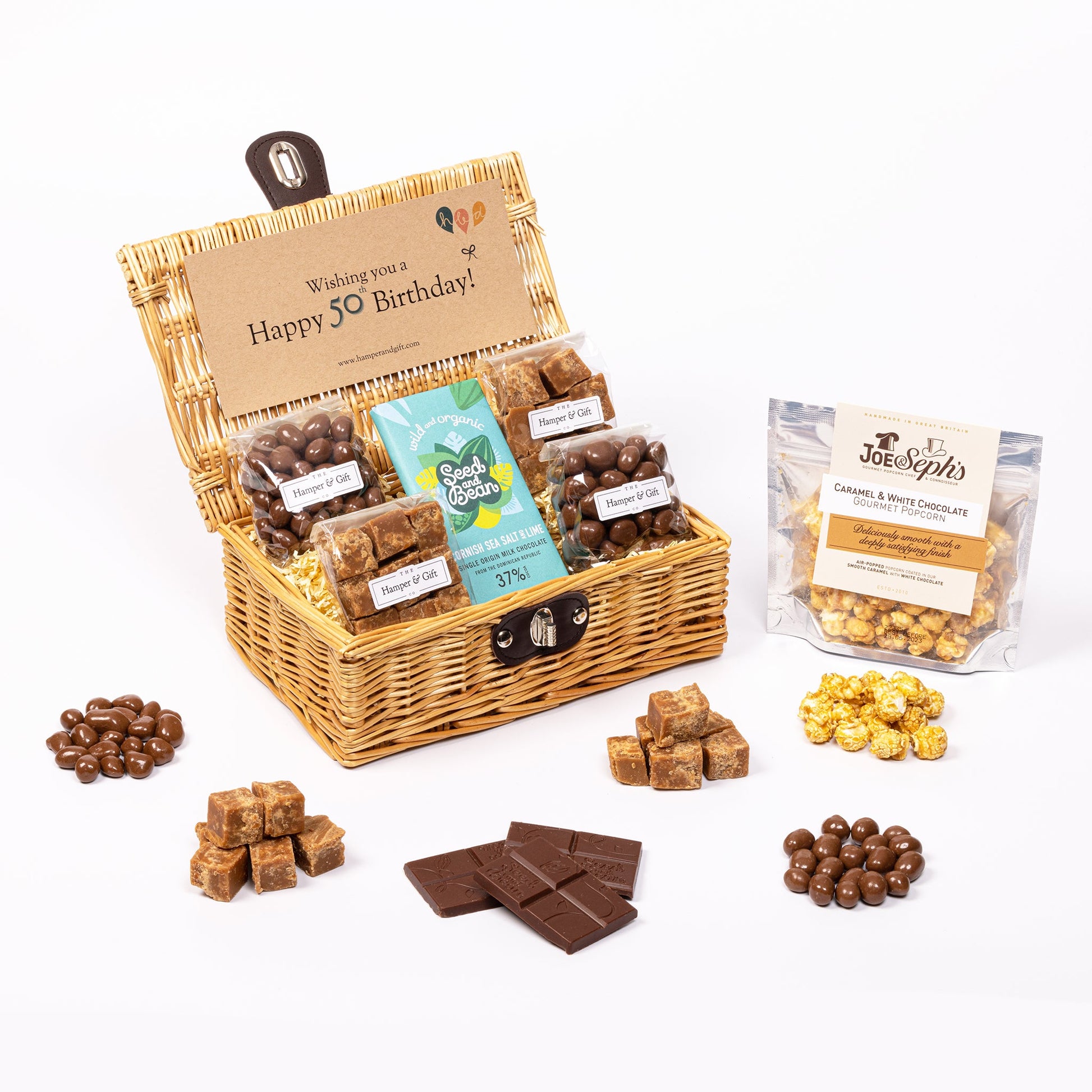 50th Birthday Hamper filled with chocolate, fudge and gourmet popcorn
