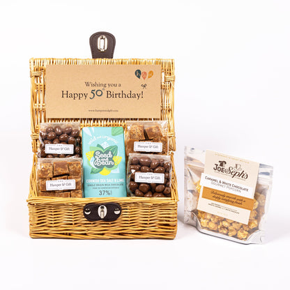 50th Birthday Hamper filled with chocolate, fudge and gourmet popcorn