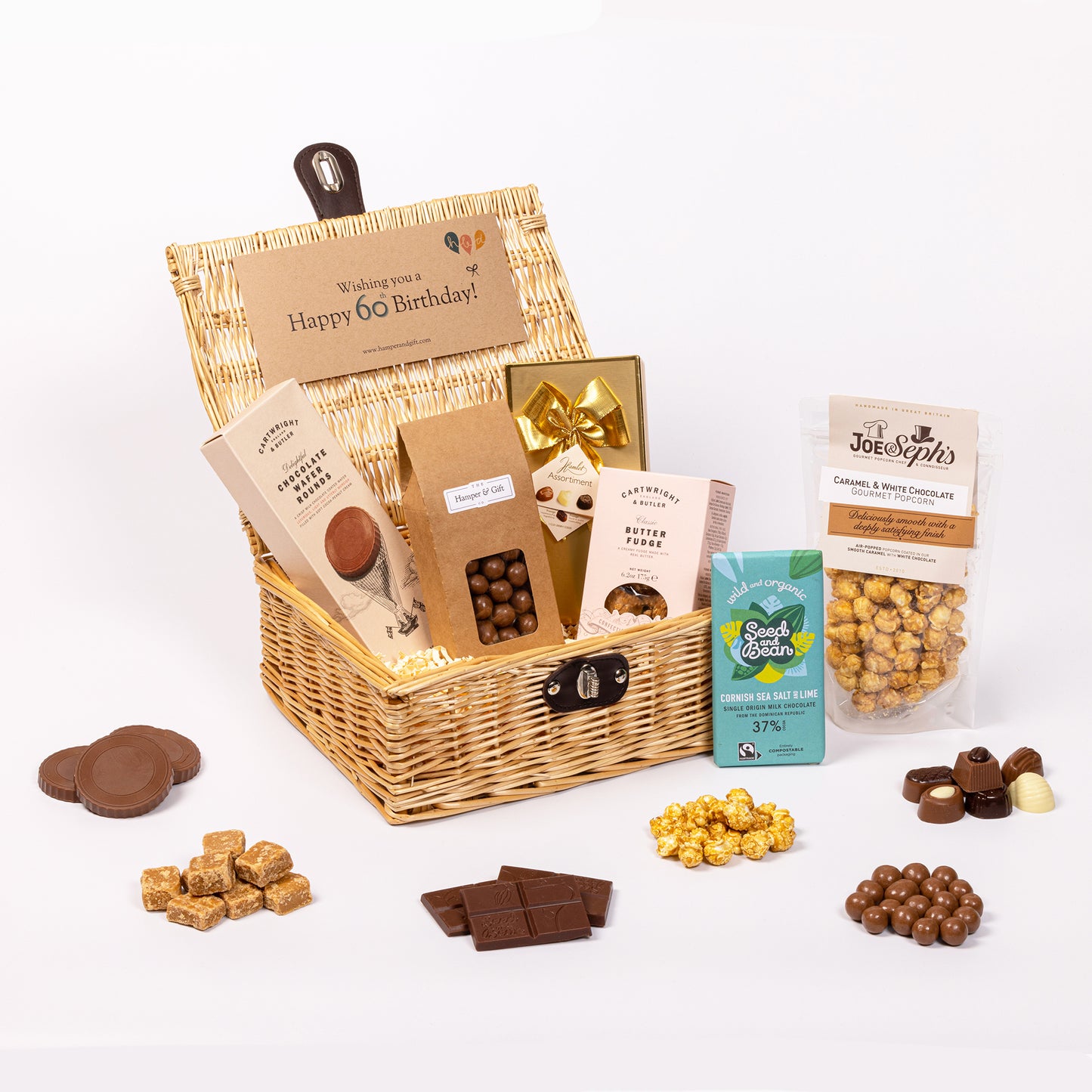 60th Birthday Chocolate & Fudge Hamper filled with a variety of chocolate, fudge, biscuit and gourmet popcorn